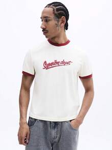 SUMWON Herren Slim Fit Rundhals Kurzarm T-Shirt mit Schrift Logo Muster, burgunderroter Kontrastbesatz, lässiges Sommer-Oberteil - Aprikosenfarben - Übersicht 5
