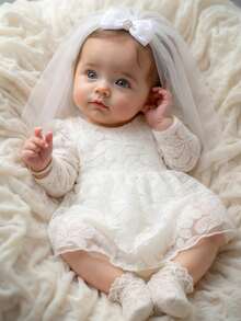 Newborn Photography Dress With Veil Headwear Lace Baptism Gown White Christening Outfit - White - View 1