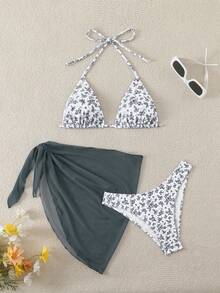 Swim Mod Women's Ditsy Floral Bikini With Cover-Up Swimwear Set, Vacation & Beach - Grey - View 1