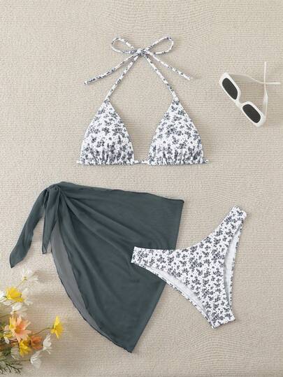 Swim Mod Conjunto de bikini con estampado floral y vestido de playa para mujer, ideal para vacaciones y la playa