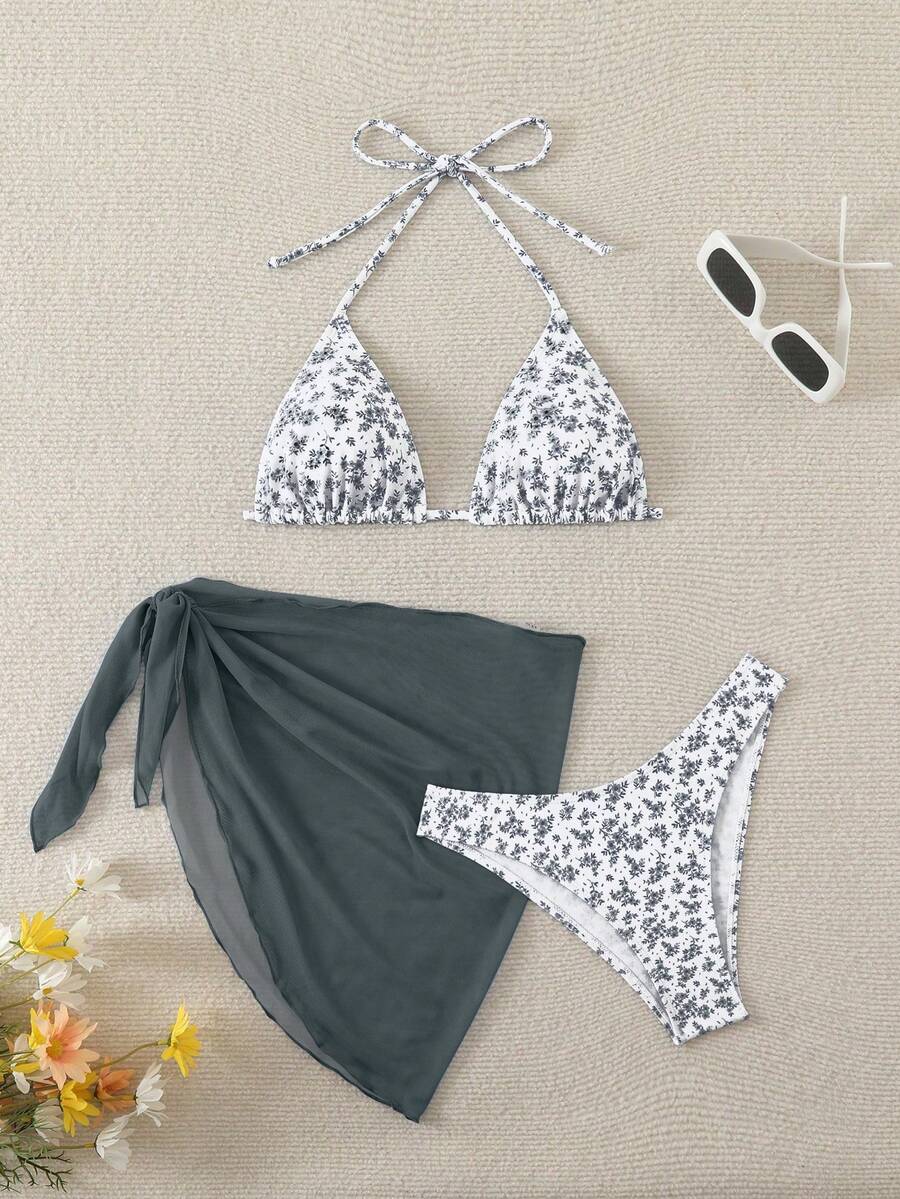 Swim Mod Women's Ditsy Floral Bikini With Cover-Up Swimwear Set, Vacation & Beach - Grey - View 1