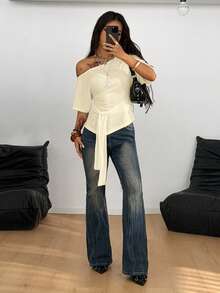 Coolane 女士春夏街头风休闲基础日常穿搭Y2K极简主义不对称系带下摆T恤，夏季假日 - 杏色 - 查看 4