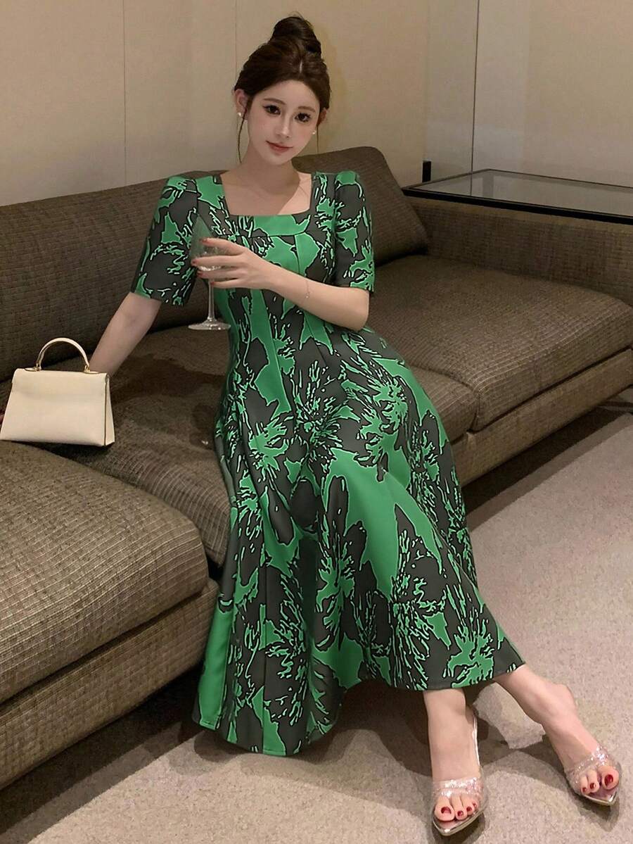 DAZY Floral Print Petal Sleeve Midi Dress For Women Sundress Summer - Green - View 1