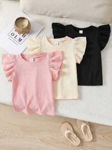 SHEIN 3件套女童纯色圆领荷叶边修身T恤套装 - 彩色 - 查看 3