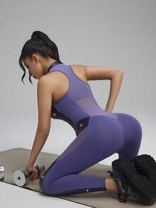 Innovista 女士立领拉链修身休闲运动连体裤 - 紫色 - 查看 7