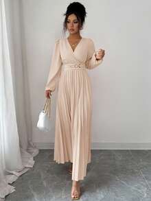 Elenzga Đầm xếp ly thanh lịch, thích hợp cho mùa tựu trường, sinh nhật, đám cưới. - Màu Khaki - Xem 5