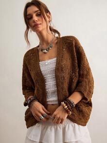 Freevana 波西米亚复古钩针镂空针织开衫，棕色V领七分袖，宽松休闲春季外套，优雅春季叠穿单品 - 棕色 - 查看 7