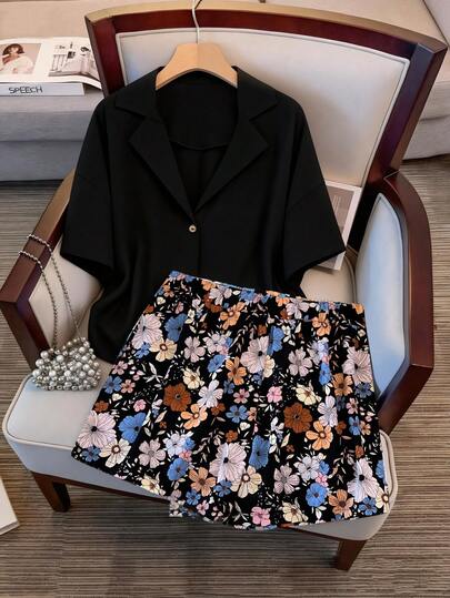 GlowEve CURVE Plus Size Summer Casual Solid Color Shirt & Floral Print Shorts 2-Piece Set