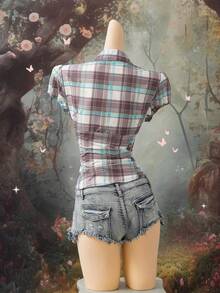 SHEIN DivaQ 女士Y2K风格休闲复古性感修身格子衬衫 - 彩色 - 查看 2