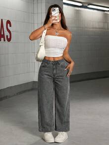 SHEIN PETITE 女士带口袋阔腿宽松休闲百搭牛仔裤 - 灰色 - 查看 5