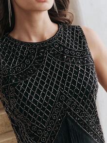 Anewsta Women's New Fashion Street Style Heavily Beaded Tassel Sleeveless Top, Suitable For Formal Occasions Beaded Top Beaded Tops Embellished Top Black Black Beaded Top Rhinestone Top Mesh Chooriyan - Black - View 3