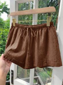 Comfortcana Quần short nữ màu trơn, thắt eo, kiểu dáng thường ngày, đa năng. - Cà phê nâu - Xem 7