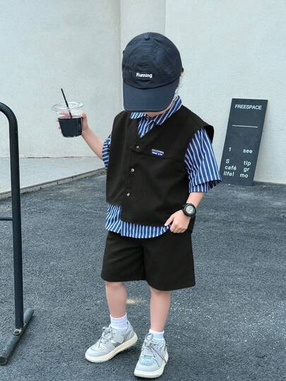 SHEIN 3pcs/Set Kids Casual Korean Style Sleeveless Vest With Pockets, Striped Short Sleeve T-Shirt And Shorts, Suitable For First Day Of School, School Clothes, Crew Neck Sweatshirt, School Kids Clothes, Boys Outfits, Toddler Boy Clothes, Suitable For Daily Wear, School, Outings, Sports, Spring/Summer