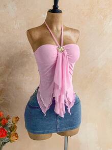 Soleia 女士不对称下摆贝壳装饰项链衬衫，适合海滩度假和夏季穿着 - 粉色 - 查看 8