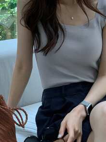 DAZY Square Neck Sleeveless Tank Top For Women, Slim Fit Camisole Tank Top - Grey - View 8