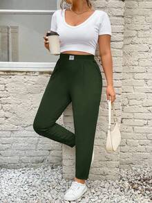 SHEIN PETITE CURVE 大码休闲高腰锥形裤 - 綠色 - 查看 7