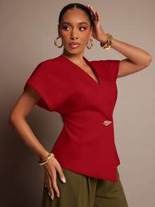 Vixey Solid Textured Woven Asymmetrical Hem Single Button Waistcoat Top - Red - View 2