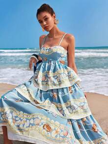 Travachic 女士海星贝壳印花镂空褶皱休闲度假约会吊带长裙 - 灰藍色 - 查看 8