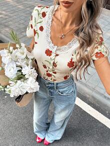 Pariaura Women's New Lace Trim Collar Button Front Fitted Short Printed Top - Apricot - View 3