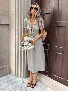 Pariaura 女士复古条纹纹理V领收腰中长连衣裙，花瓣袖，法式乡村风格 - 黑色 - 查看 4