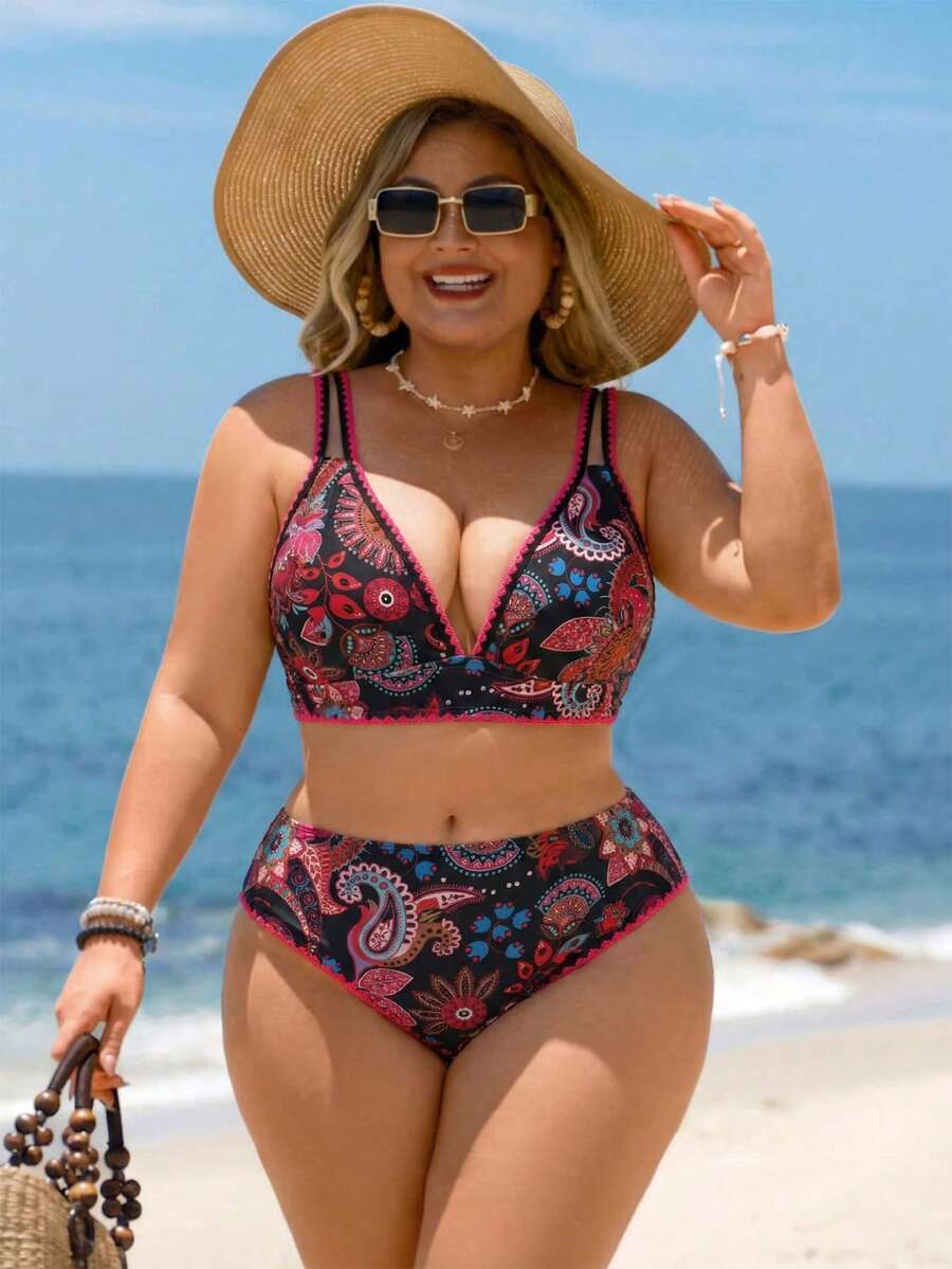 Swim Lushoire Plus Size Women Cashew Floral Print Bikini Set - Hot Pink - View 1