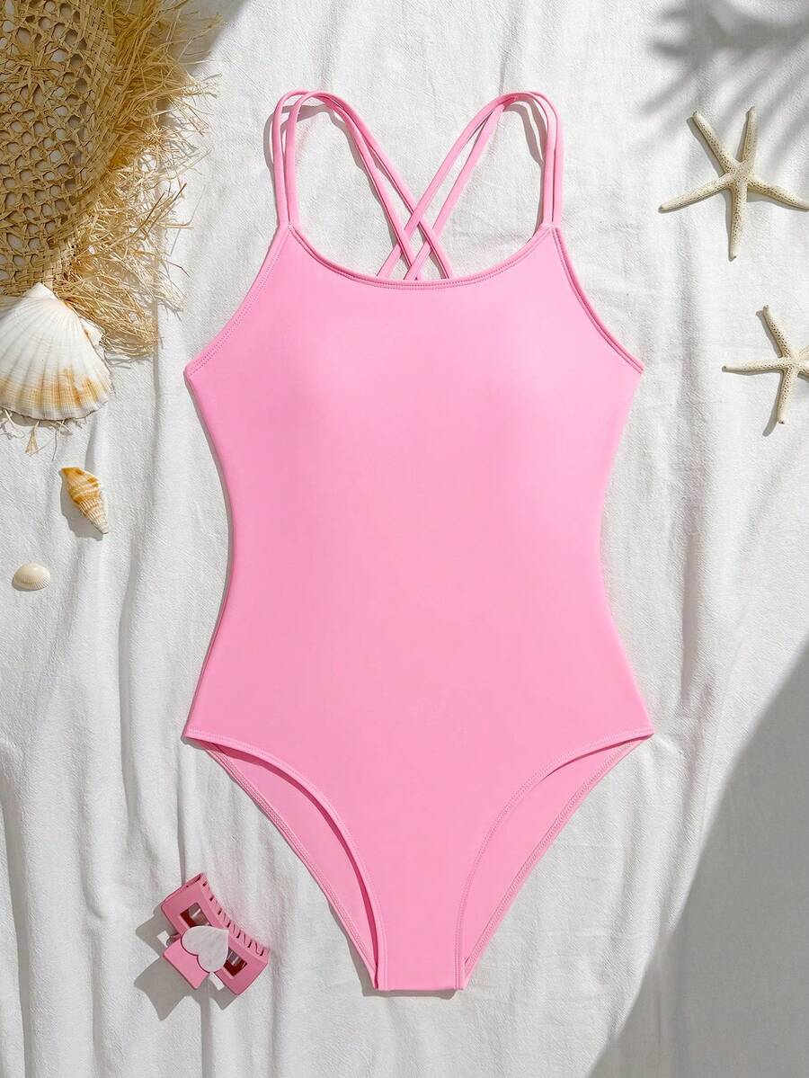 SHEIN 少女纯色吊带连体泳衣,适合海滩度假、泳池派对、沙滩派对 - 淺粉色 - 查看 1
