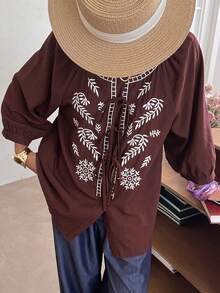 DAZY Women's Casual Commuter Floral Embroidery Tie-Front Shirt - Brown - View 4