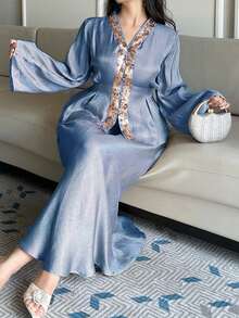 Dazy Plus 大码女式亮片V领装饰长袖上衣和宽松长裙两件套，适合派对和宴会，春秋季穿着 - 藍色 - 查看 1