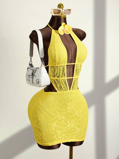 Zestiva 女士夏季沙滩纯色蕾丝蝴蝶3D立体花卉深V镂空露背系带腰身性感派对度假迷你连衣裙