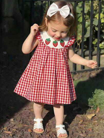 LMoss Kids Vestido casual de niña con estampado de cuadros escoceses y fresas tejido
