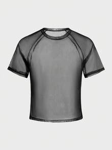 AXEPEAK Men's Fashionable Street Sexy Sheer Mesh Raglan Short Sleeve T-Shirt, Summer - Black - View 2