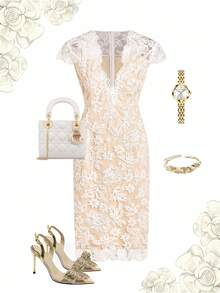 Ellevyn 大码女士优雅V领短袖修身刺绣网纱迷你连衣裙，版型优美，适合日常、通勤、下午茶、聚会及多种场合。 - 白色 - 查看 4