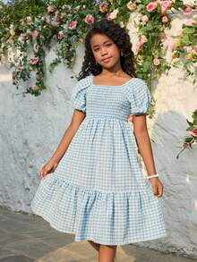 女童休闲度假格子花瓣袖连衣裙，夏季穿搭，柔美公主风，甜美可爱，适合度假、旅行、校园、日常穿着 - 藍色 - 查看 2