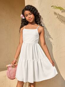 女童休闲宽松白色连衣裙，适合夏季度假、旅行、校园及日常穿着 - 杏色 - 查看 2