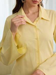 Al Najma Đầm sơ mi màu vàng cổ bẻ tay loe, lưng hở, thắt eo. - Màu vàng - Xem 3