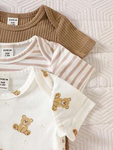 SHEIN 3pcs/Set Newborn Unisex White Cute Bear & Ribbed Pattern Cotton Outfit Short Sleeve Bodysuit Pants Hat Soft Autumn Family Matching Neutral Clothes - Multicolor - View 6
