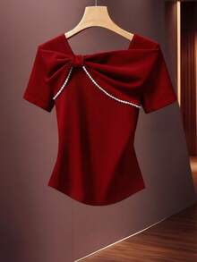 Franclia 法式復古深紅色女款優雅夏季T恤，輕奢蝴蝶結與珍珠裝飾針織上衣，短袖派對、休閒通勤穿搭 - 酒紅色 - 查看 4