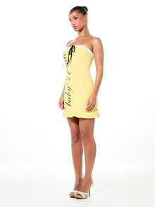 BABYPHAT Đầm mini quây bằng vải jersey với chi tiết buộc dây, viền bèo nhún, không dây đeo, ôm sát cơ thể, màu vàng, thích hợp cho tiệc mùa hè. - Màu vàng - Xem 6