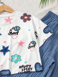SHEIN 2pcs/Set Girls Floral All-Over Print T-Shirt And High Waist Textured Wide Leg Pants Set - Blue - View 6