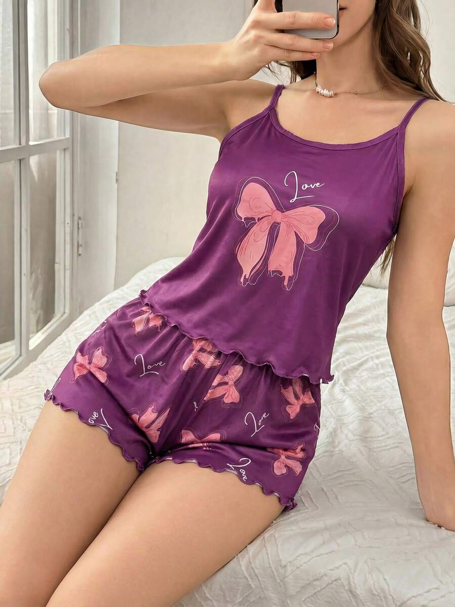 SHEIN Casual Underwear&Sleepwear 年轻休闲粉色蝴蝶印花荷叶边吊带背心和短裤睡衣套装 - 彩色 - 查看 1