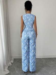 Elenzga 女士夏季新款非洲雏菊提花压纹优雅休闲日常通勤商务套装蓝色背心和裤子两件套 - 藍色 - 查看 2