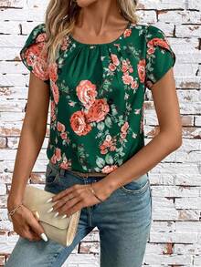 SHEIN Clasi 女士夏季休闲度假印花花瓣袖褶皱宽松衬衫 - 墨綠色 - 查看 5