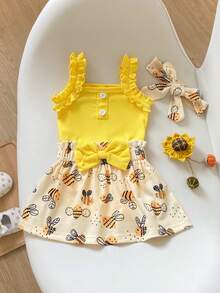 SHEIN Playful Pals 2件套新生女婴无袖罗纹针织连体衣，荷叶边装饰，搭配松紧腰蜜蜂印花A字裙，饰有蝴蝶结，可爱休闲夏季套装，含发带，适合日常外出、旅行、公园、拍照等场合。 - 黃色 - 查看 6
