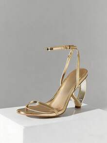 SHUZIA 女士优雅踝带心形高跟凉鞋 - 金色 - 查看 6