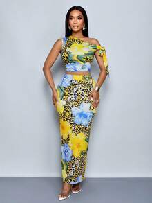 SOLERSUN Bộ đồ nữ đi nghỉ mát gồm áo croptop cổ lệch thắt nơ phía trước và chân váy bút chì in họa tiết da báo và nhiệt đới (Hoa văn ngẫu nhiên) - Màu vàng - Xem 6