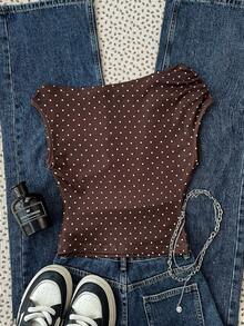 SHEIN 少女针织休闲简约波点印花不对称褶皱短款上衣，适合春夏穿着，休闲百搭，可打造个性造型，日常穿着 - 棕色 - 查看 2