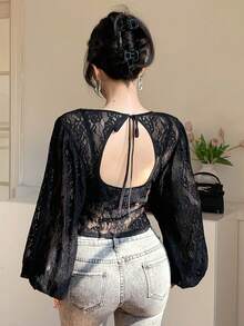 DAZY Women's Elegant Lace V-Neck Blouse, Spring/Summer Long Sleeve Tops Women - Black - View 2