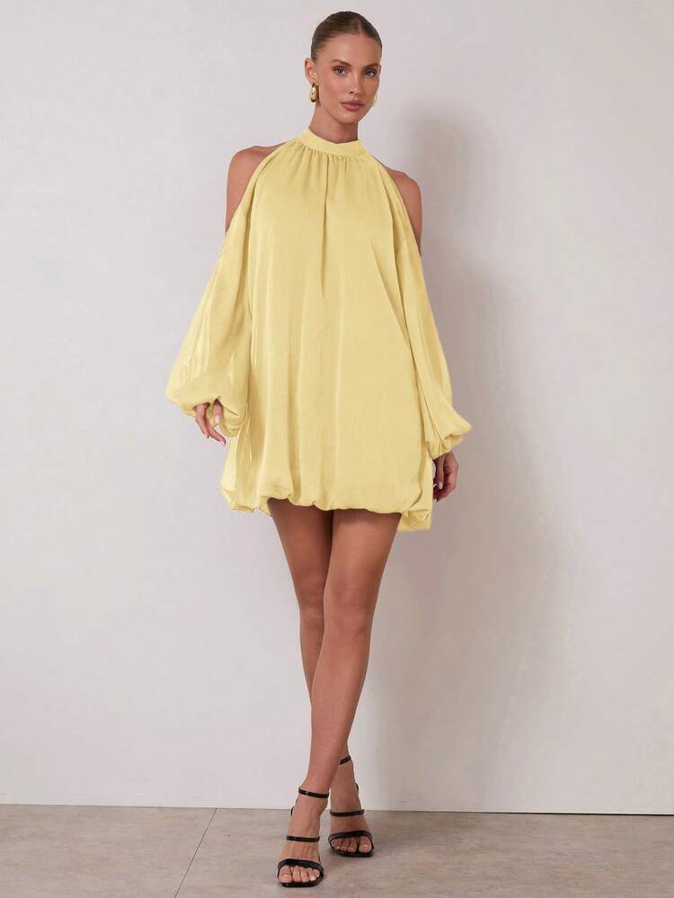 COSMINA Vestido Elegante de Manga Longa com Ombros à Mostra e Bainha Bufante, para Todas as Estações - Luz amarela - Visão 4