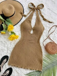 Soleia 休闲度假西部海滩婚礼宾客着装毕业早午餐女士连衣裙，优雅波西米亚热带无肩带露背无袖棕色针织迷你连衣裙 - 棕色 - 查看 4