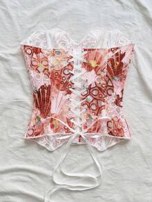 Soleia 欧美青春度假性感前卫露肩蕾丝双层修身束身胸衣上衣，INS粉色甜美浪漫花卉镂空刺绣塑身衣，女士夜间外出上衣，婚礼宾客礼服女士秋季女装 - 紅木色 - 查看 2